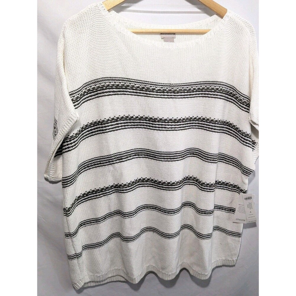 NWT Chico's Women's Size 4 (XXL) Olive Green Stripe Cable Knit Top Cap Sleeve